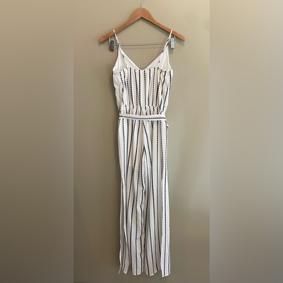 One Clothing: White Jumpsuit Romper with Black and Maroon Pattern Stripes - Picture 8 of 17